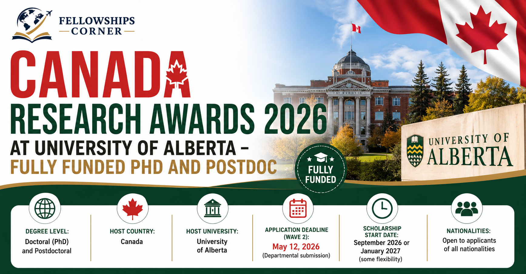 Canada Research Awards 2026 at University of Alberta – Fully Funded PhD and Postdoc
