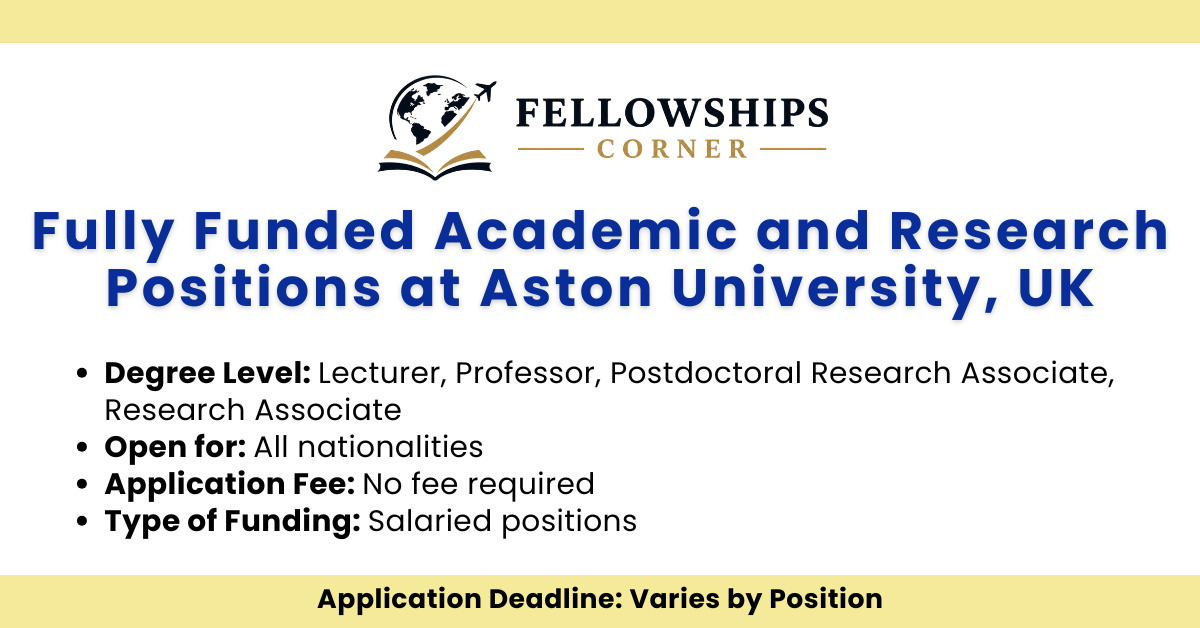 Fully Funded Academic and Research Positions at Aston University, UK